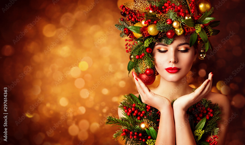 Christmas Face and Hands Skin Care, Woman Beauty Makeup, Art Wreath Hairstyle, Xmas Beautiful Portrait, Model looking to Product on Hand Christmas Face and Hands Skin Care, Woman Beauty Makeup, Art Wreath Hairstyle, Xmas Beautiful Portrait, Model looking to Product on Hand