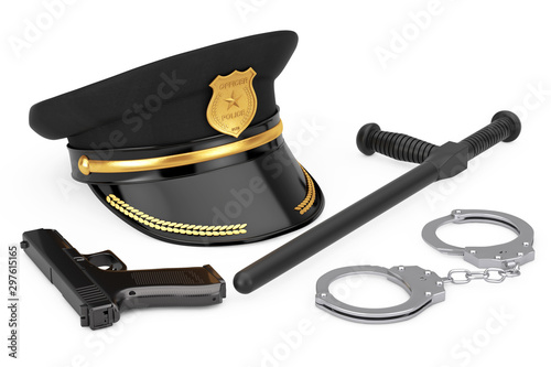 Metal Handcuffs, Black Rubber Police Baton or Nightstick, Powerful Metalic Police Pistol Gun and Police Officer Hat with Golden Badge. 3d Rendering