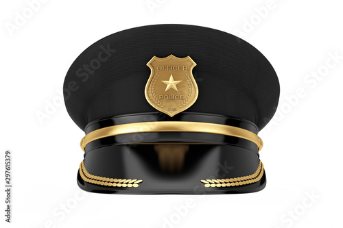 Police Officer Hat with Golden Badge. 3d Rendering