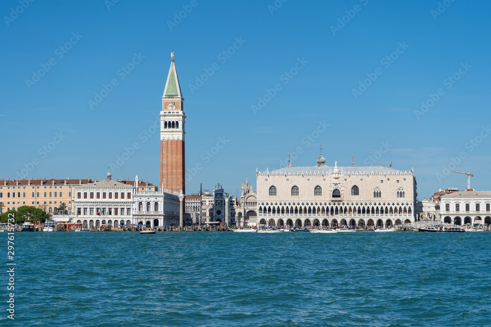 Panorama of Piazza San Marco or st Mark square, Campanile and Ducale or Doge Palace. Travel photo. Venice. Italy.  Europe.
