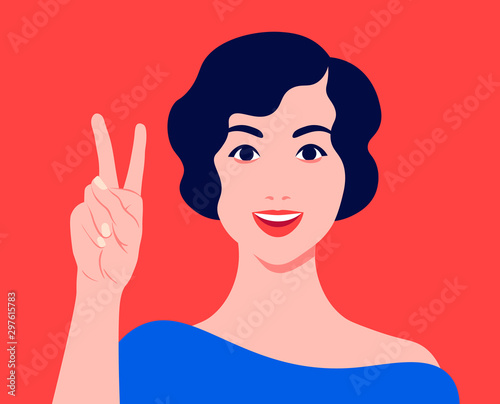 A girl smiles and shows a victory sign. Happy housewife. Beautiful woman face. Vector flat illustration