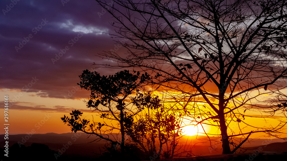 Sunset with trees silhouette in lookout of Serra do Cipo National Park, Minas Gerais, Brazil Sunset with trees silhouette in lookout of Serra do Cipo National Park, Minas Gerais, Brazil