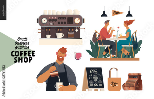 Coffee shop - small business illustrations - set - modern flat vector concept illustration of man barista wearing apron, cash register, coffee maker, visitors, pavement sign, branded bag, elements