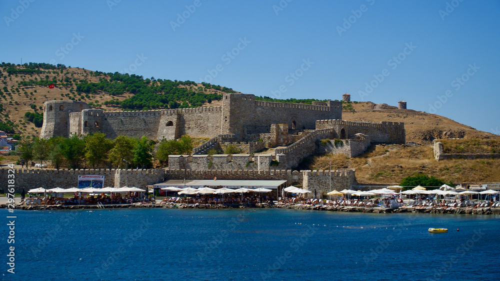 BOZCAADA, CANAKKALE, TURKEY - AUGUST  25, 2019: Canakkale, Bozcaada castle and harbor