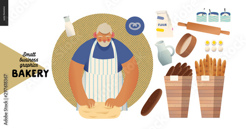 Bakery -small business illustrations -baker and bread - modern flat vector concept illustration of a baker kneading the dough. Weat, rye bread, loaf, grain, pretzel, bun, roll, french baguette