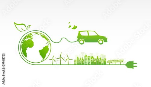 Fototapeta Naklejka Na Ścianę i Meble -  Car Eco friendly and enviromental green cities for sustainable development concept, vector illustration
