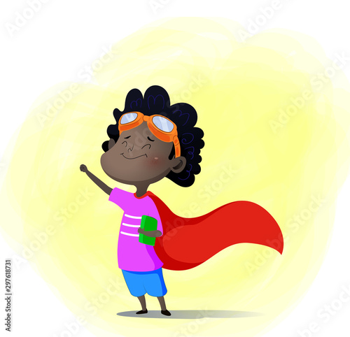 Cartoon child playing superhero with book in