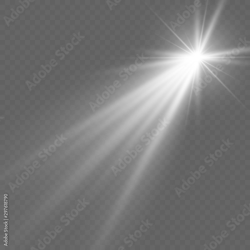 Белый красивый свет взрывается прозрачным взрывом. Векторная, яркая иллюстрация для идеального эффекта со сверканиями. Яркая звезда. Прозрачный блеск градиента глянца, яркая вспышка.