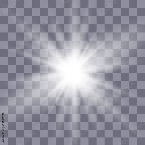 Белый красивый свет взрывается прозрачным взрывом. Векторная, яркая иллюстрация для идеального эффекта со сверканиями. Яркая звезда. Прозрачный блеск градиента глянца, яркая вспышка. © NAUM