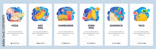 Mobile app onboarding screens. Fast food restaurant menu, pizza box, hot dog, sandwich, taco, burger. Vector banner template for website and mobile development. Web site design flat illustration