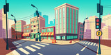 City road turn, empty street with transport highway with marking, arrow sign, sewer manhole, lamps and buildings. Urban architecture, infrastructure megapolis exterior Cartoon vector illustration