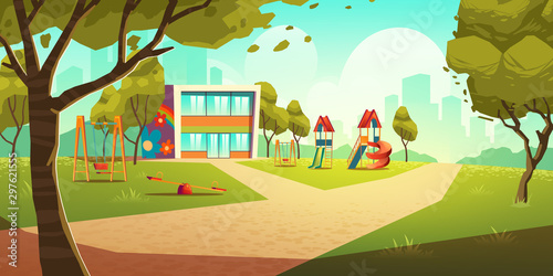 Kindergarten kids playground, empty area for children with nursery school colorful building, green grass, slides and swings for playing and recreation fun at summer time Cartoon vector illustration photo