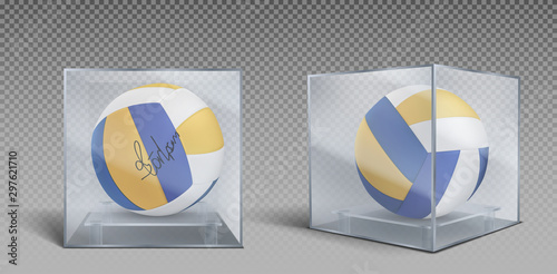 Volleyball balls with signature in glass or plastic case set. Sports game trophy or prize in protective container, sport accessory in box isolated icons. Realistic 3d vector illustration, clip art