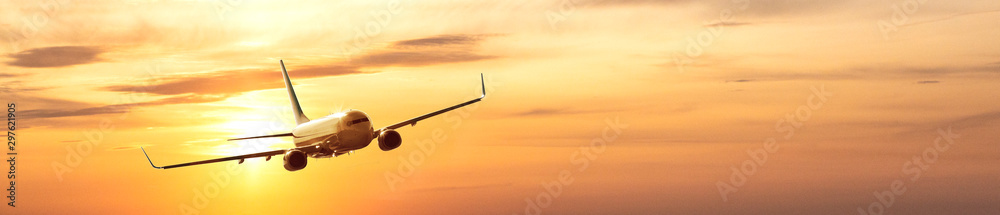 airplane in the sky at sunrise - obrazy, fototapety, plakaty 