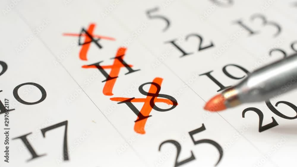 Red pen marked on a calendar concept for an important day the fourth, eleventh, eighteenth, twenty-fifth, twelfth, nineteenth and twenty-sixth of the calendar close-up Red pen marked on a calendar concept for an important day the fourth, eleventh, eighteenth, twenty-fifth, twelfth, nineteenth and twenty-sixth of the calendar close-up