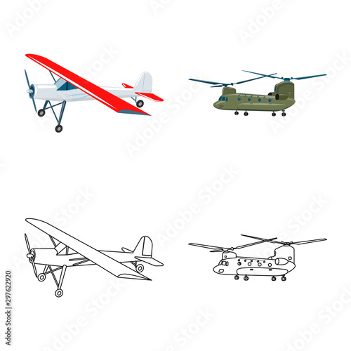 Vector illustration of plane and transport logo. Set of plane and sky stock symbol for web.