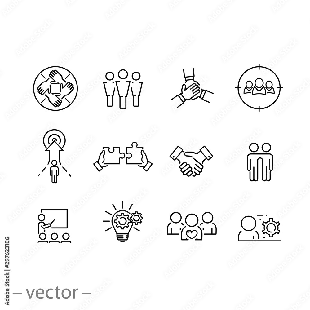 icon set of collaboration business people, meeting people group, office teamwork, human resource support, thin line web symbols on white background - editable stroke vector illustration eps10