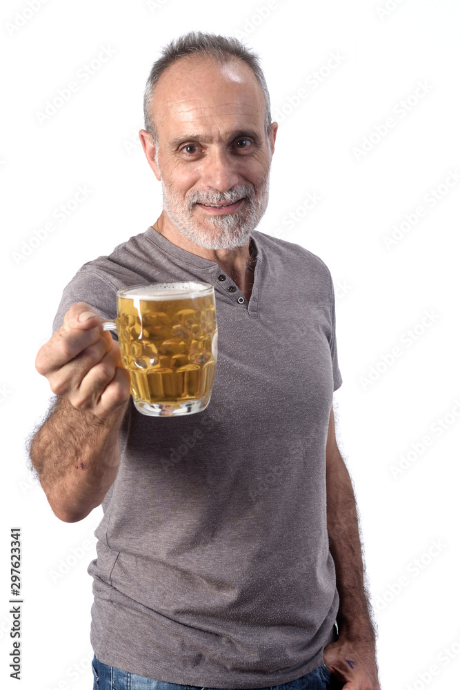 man with a jar of beer on white background man with a jar of beer on white background