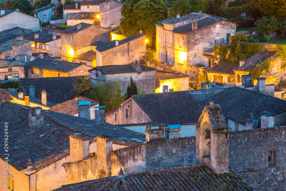 View over St. Emilion rooftops at dusk, Gironde, Aquitaine, France