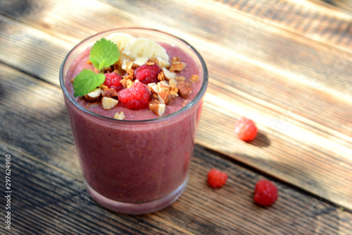 Fresh raspberries and bananas smoothies Healthy food concept