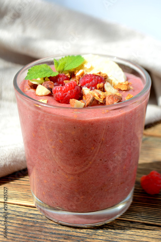 Fresh raspberries and bananas smoothies Healthy food concept