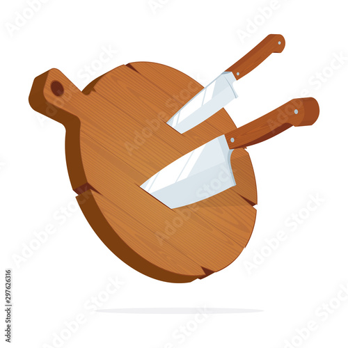 Wood cutting board and kitchen knives. Knife stuck in cutting board vector illustrations set. Part of set.