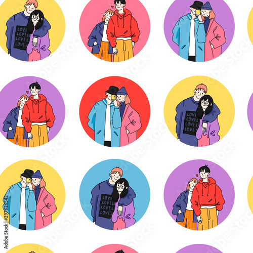 Street fashion look. Couples in love dressed in stylish trendy oversized clothes. Boys and girls - Korean japanese asian. Comic cartoon style. Manga anime. Hand drawn vector seamless pattern