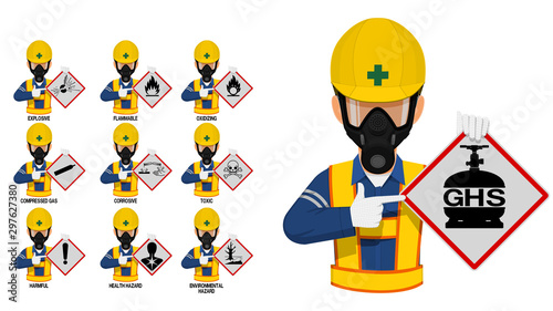 Set of industrial worker is presenting the GHS pictogram.