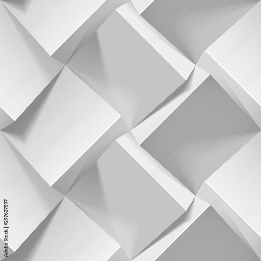 Fototapeta Light seamless geometric pattern. Realistic 3d cubes from white paper. Vector template for wallpapers, textile, fabric, wrapping paper, backgrounds. Abstract texture with volume extrude effect.
