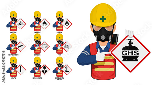 Set of industrial worker is presenting the GHS pictogram.