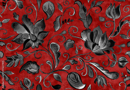 Paisley seamless hand painted water color floral pattern with amber flowers, flores, tulips. Grunge watercolor vintage oriental paisley print. Colorful whimsical dark red background for design.