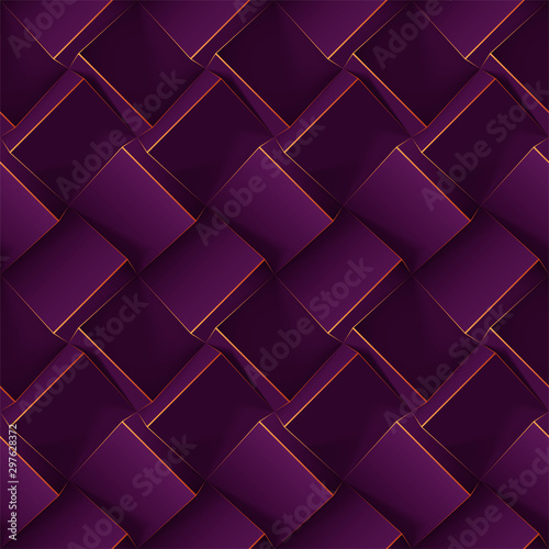 Dark violet seamless geometric pattern. Realistic 3d cubes with thin lines. Vector template for for wallpapers, textile, fabric, wrapping paper, backgrounds. Texture with volume extrude effect.