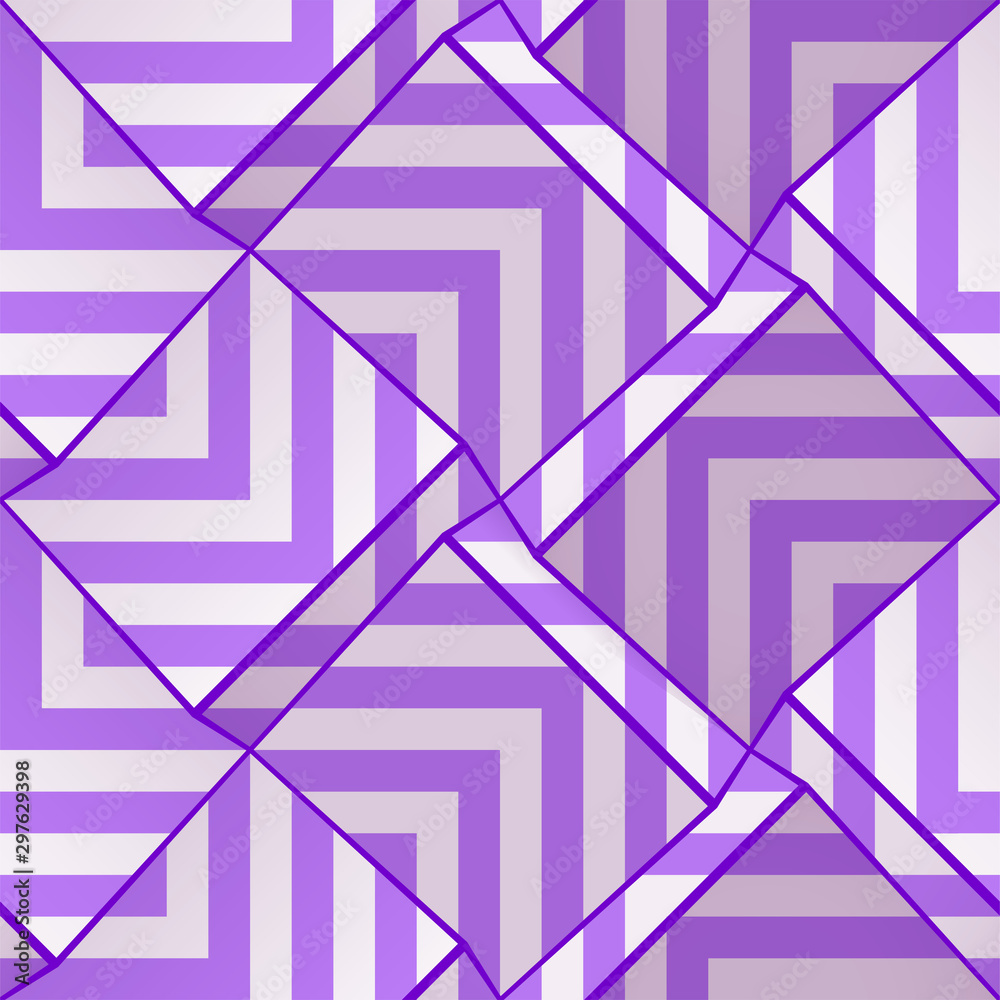 Light seamless geometric pattern with volume cubes and lilac strips. Vector template for wallpapers, textile, fabric, wrapping paper, backgrounds. Abstract texture with volume extrude effect. Light seamless geometric pattern with volume cubes and lilac strips. Vector template for wallpapers, textile, fabric, wrapping paper, backgrounds. Abstract texture with volume extrude effect.