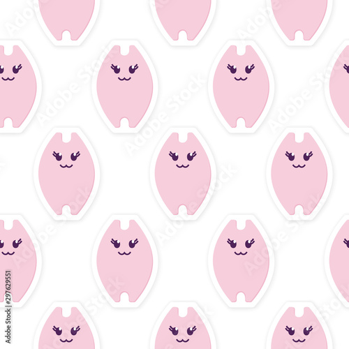 Seamless Pattern of Kawaii Cat Stickers. Cute smiling Kitty Girl. Simple Paper Cut flat style. For kid cards, room decor, web. Pastel color character isolated on white. Printable