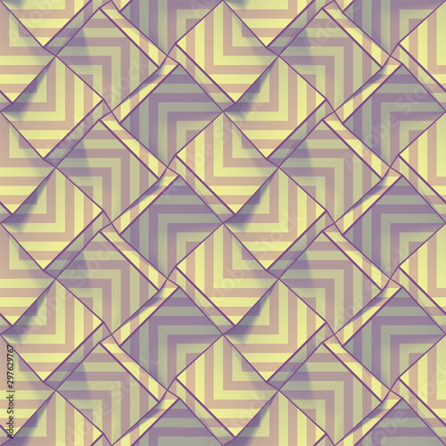 Light geometric seamless pattern in pastels colors. Volume cubes with lilac strips. Vector template for print design, wallpapers, textile, fabric, wrapping paper, backgrounds. Abstract illustration.