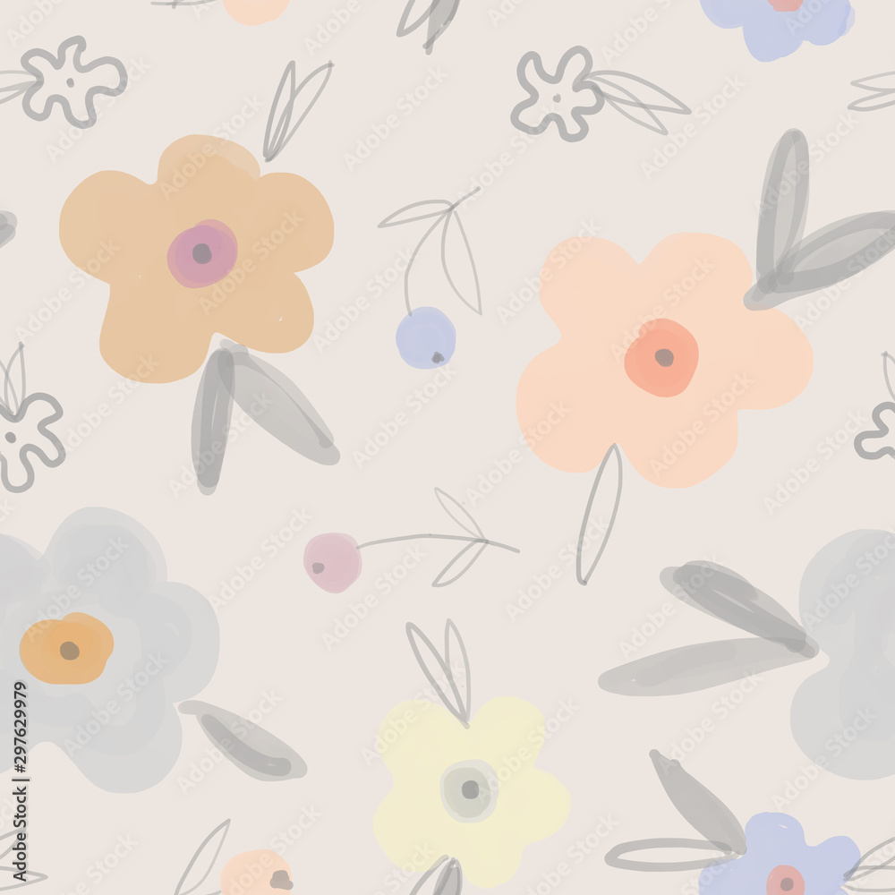 Seamless Botanical pattern with flowers in soft colors. Naive style. Suitable for printing on fabric and for children's Wallpaper, for design, for wrapping paper and decoration of children's parties. Seamless Botanical pattern with flowers in soft colors. Naive style. Suitable for printing on fabric and for children's Wallpaper, for design, for wrapping paper and decoration of children's parties.