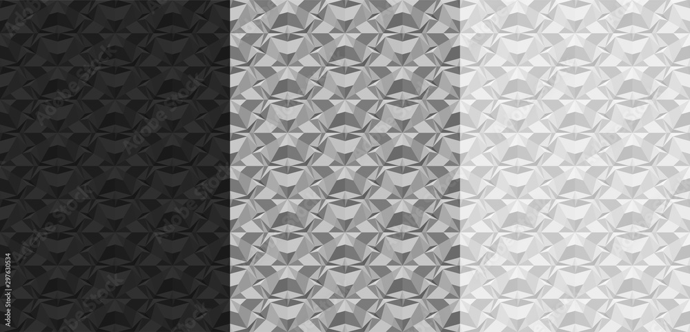 Fototapeta premium Set of black, gray, white geometric seamless patterns. 3D textures with the effect of volume extrusion. Template for wallpaper, textile fabric wrapping paper backgrounds Realistic vector illustration.