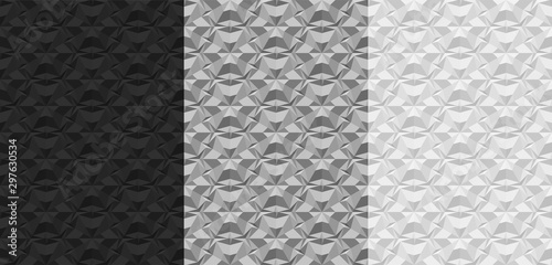 Set of black, gray, white geometric seamless patterns. 3D textures with the effect of volume extrusion. Template for wallpaper, textile fabric wrapping paper backgrounds Realistic vector illustration.
