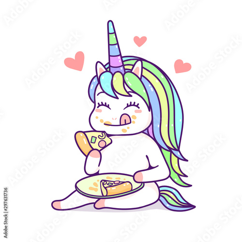 Kawaii unicorn eating yummy pizza pastel color, happy cartoon vector