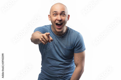 Photo of funny shaved man on white background