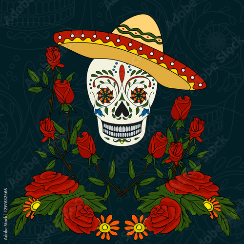 Vector illustration on the theme - Day of the Dead. Decorated with colored lines of a human skull, roses, sombrero on his skull, dark background