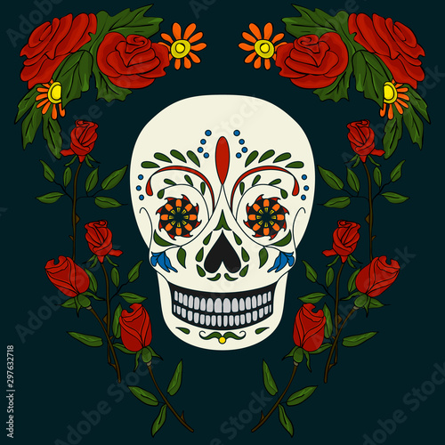 Traditional Mexican Day of the Dead. Human skull decorated with red roses on a dark background. Vector illustration for design on the theme of death.