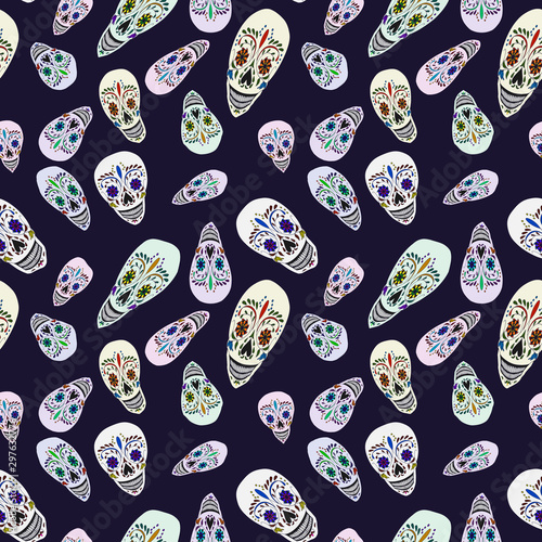 Seamless vector pattern with decorated skulls. For design on the theme - a traditional Mexican holiday Day of the Dead.