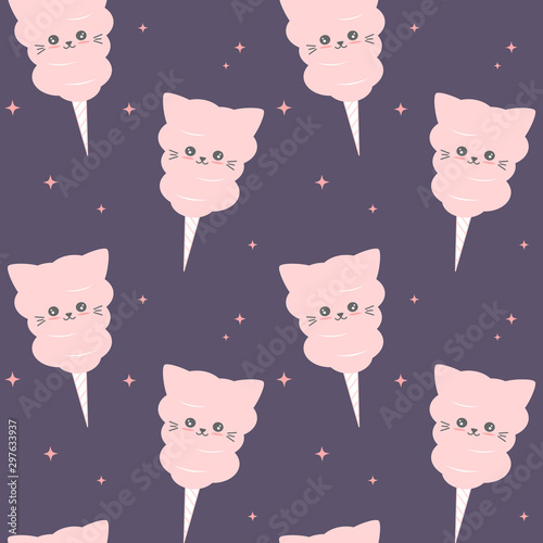 cute cartoon cotton candy cat seamless vector pattern background illustration