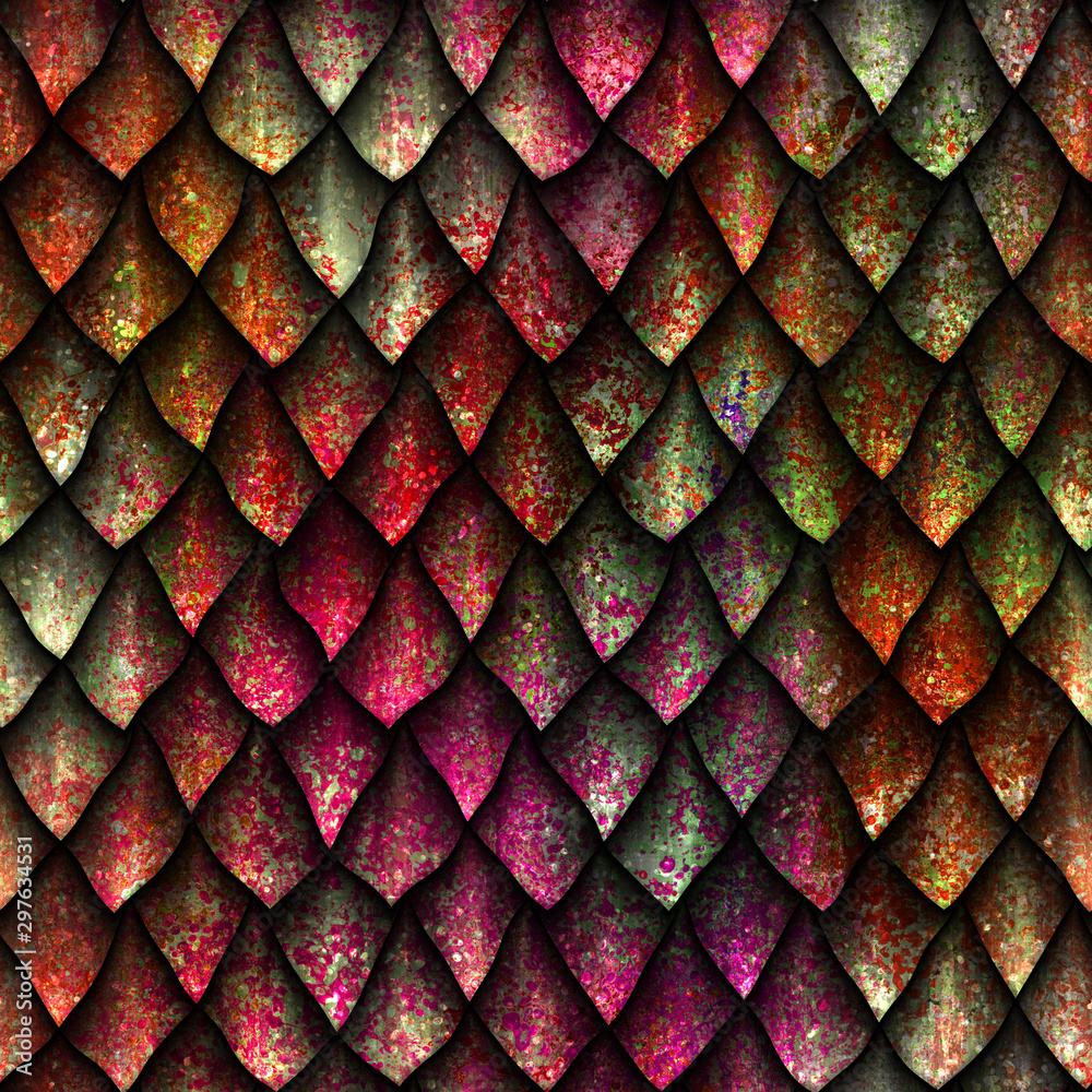 Fototapeta Seamless texture of dragon scales with colorful grunge pattern, reptile skin, 3d illustration