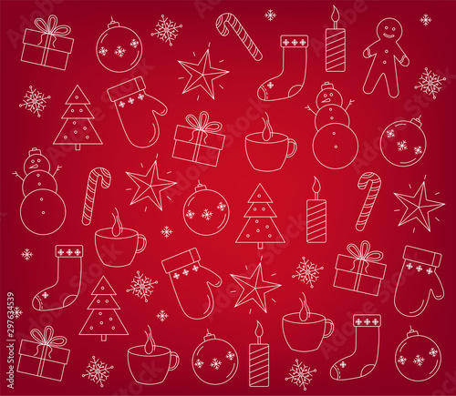 Set of christmas decorations outlines. Gift boxes, baubles, snowflakes, candl...