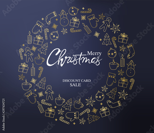 Merry christmas discount sale card with a wreath full of holiday decorations....
