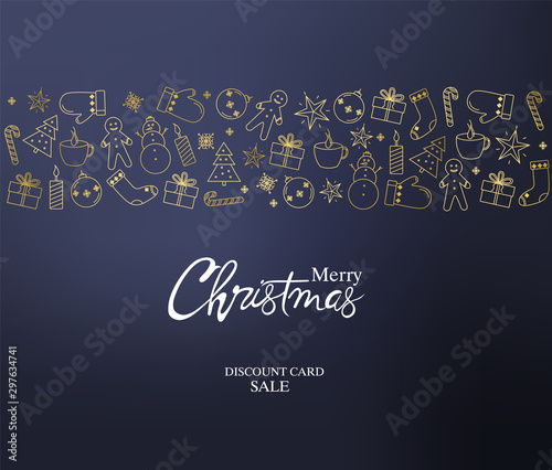 Merry christmas discount sale card full of holiday decorations. Gingerbread c...