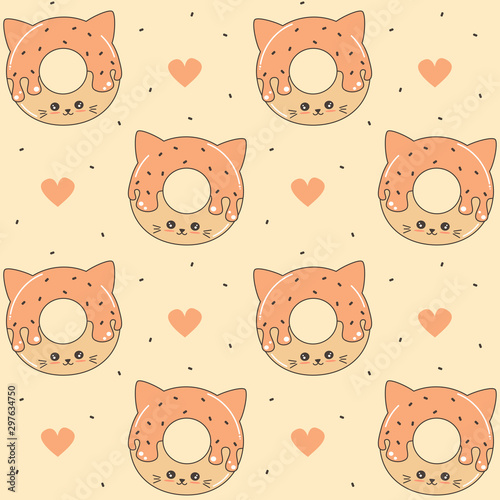 cute cartoon donut cat funny seamless vector pattern background illustration