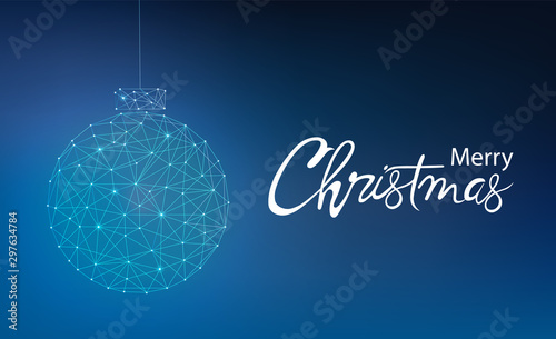 Merry christmas greeting card banner with innovative style bauble. Connected dots. Blue background